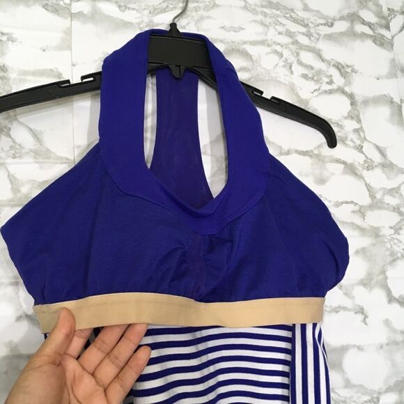 LULULEMON SCOOP NECK STRIPE RACER‎ BACK ATHLETIC WORKOUT TANK TOP BLUE WHITE 10 - Picture 8 of 14